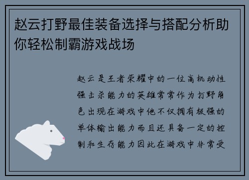赵云打野最佳装备选择与搭配分析助你轻松制霸游戏战场